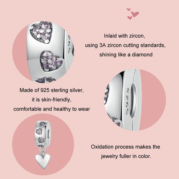 Love Heart Sterling Silver CZ Buckle Clip Bead Charm Bracelet Necklace
