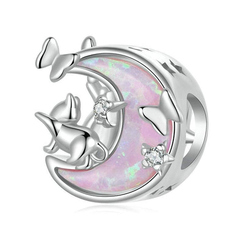 Pink Moon Cat Sterling Silver Opal Look Zircon CZ Bead Charm Bracelet Necklace