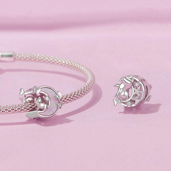 Pink Moon Cat Sterling Silver Opal Look Zircon CZ Bead Charm Bracelet Necklace