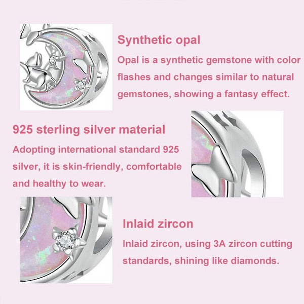 Pink Moon Cat Sterling Silver Opal Look Zircon CZ Bead Charm Bracelet Necklace