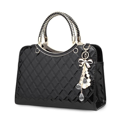 Diamond Quilted Pattern Faux PU Leather Handbag Ornament Charm Gold Trim Black