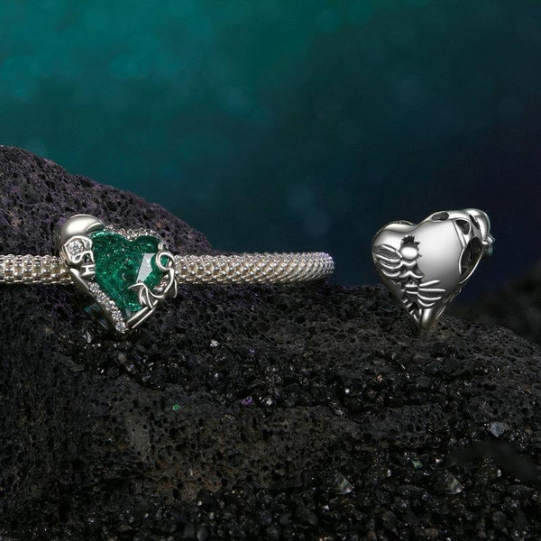 Green Heart Bat Sterling Silver CZ Bead Charm Bracelet Necklace Pendant