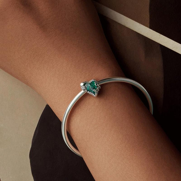 Green Heart Bat Sterling Silver CZ Bead Charm Bracelet Necklace Pendant