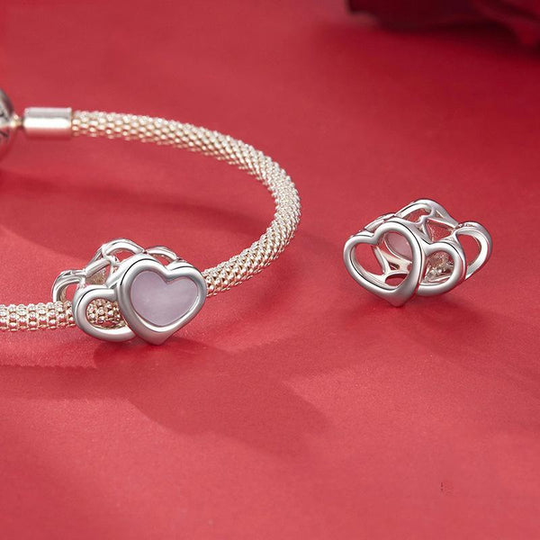 Pink Double Heart Sterling Silver Bead Charm Bracelet Necklace