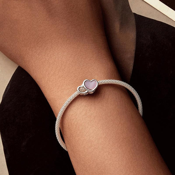 Pink Double Heart Sterling Silver Bead Charm Bracelet Necklace