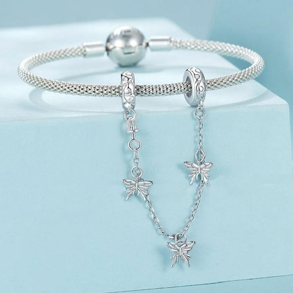 BUtterfly Platinum Plated Sterling Silver Zircon CZ Safety Chain For Bracelet