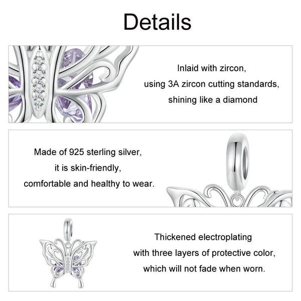 Butterfly Sterling Silver Zircon CZ Bead Charm Bracelet Necklace Pendant