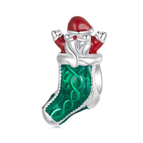 Christmas Stocking Santa Enamel Sterling Silver Bead Charm Bracelet Necklace