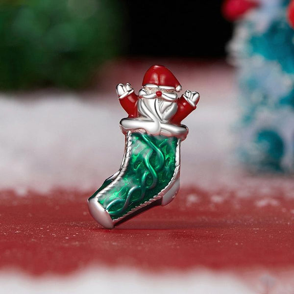 Christmas Stocking Santa Enamel Sterling Silver Bead Charm Bracelet Necklace