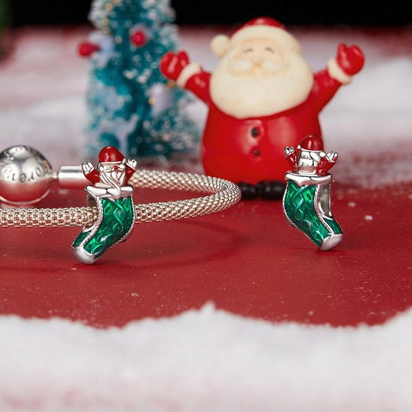 Christmas Stocking Santa Enamel Sterling Silver Bead Charm Bracelet Necklace