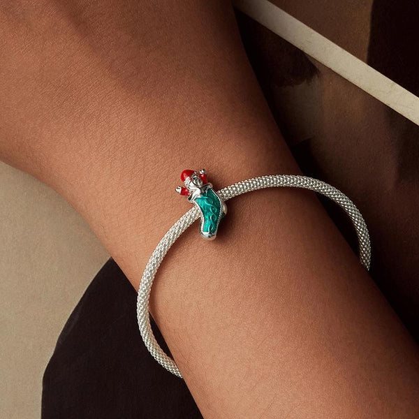 Christmas Stocking Santa Enamel Sterling Silver Bead Charm Bracelet Necklace