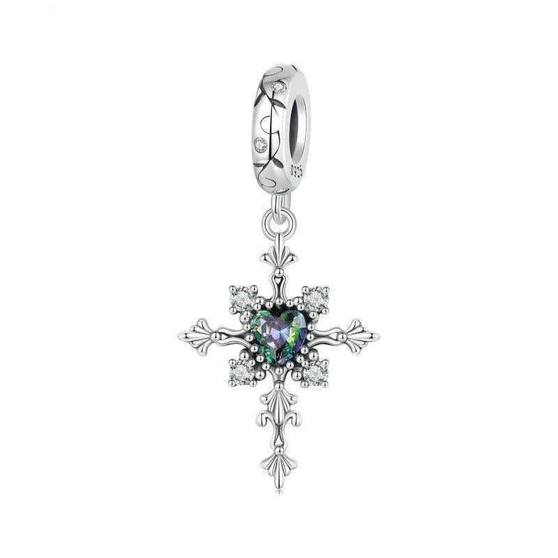 Vintage Gothic Style Cross Sterling Silver CZ Bead Charm Bracelet Necklace