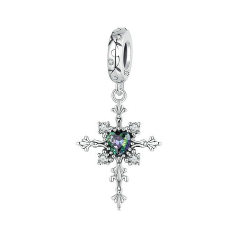 Vintage Gothic Style Cross Sterling Silver CZ Bead Charm Bracelet Necklace