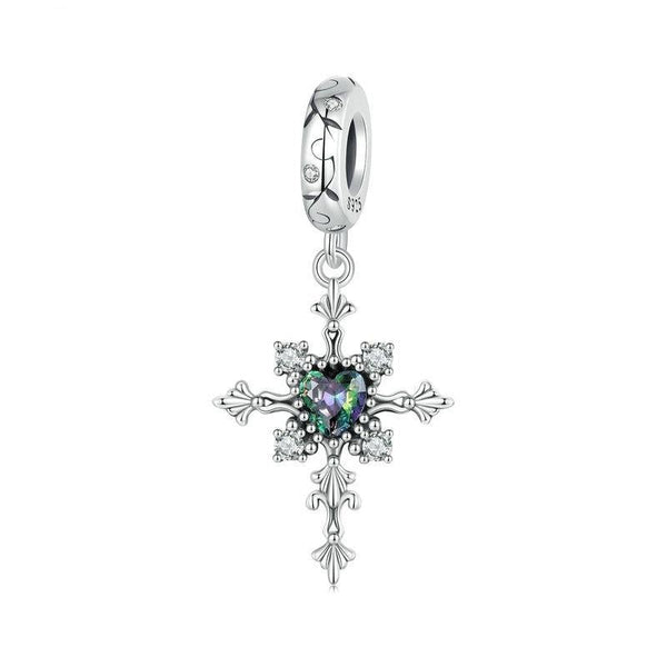 Vintage Gothic Style Cross Sterling Silver CZ Bead Charm Bracelet Necklace