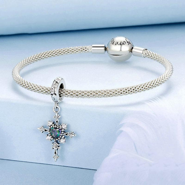 Vintage Gothic Style Cross Sterling Silver CZ Bead Charm Bracelet Necklace