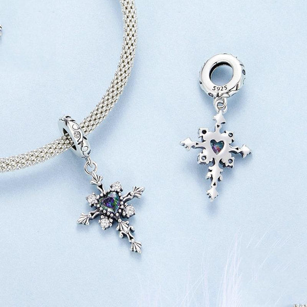 Vintage Gothic Style Cross Sterling Silver CZ Bead Charm Bracelet Necklace