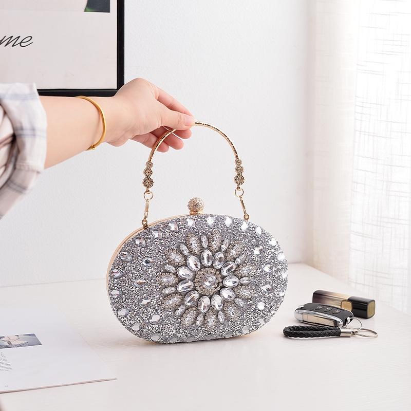 Beaded Diamond Sunflower Evening Wedding Party Clutch Handbag Bag Silver