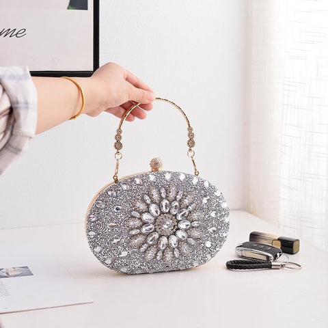 Beaded Diamond Sunflower Evening Wedding Party Clutch Handbag Bag Silver