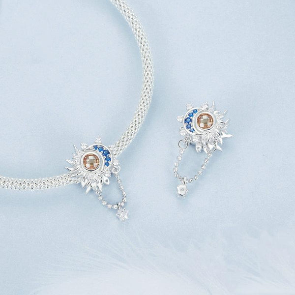 Sun Moon Star Sterling Silver CZ Bead Charm Bracelet Necklace Pendant