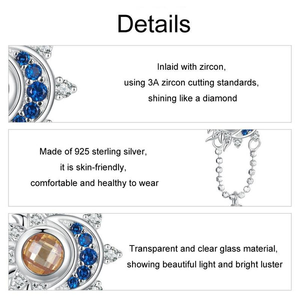 Sun Moon Star Sterling Silver CZ Bead Charm Bracelet Necklace Pendant