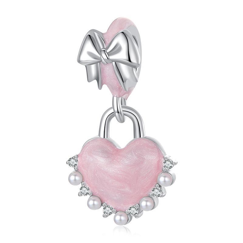 Locked Heart Bow Enamel Sterling Silver CZ Bead Charm Bracelet Necklace