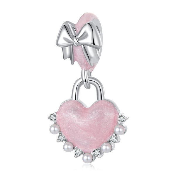 Locked Heart Bow Enamel Sterling Silver CZ Bead Charm Bracelet Necklace