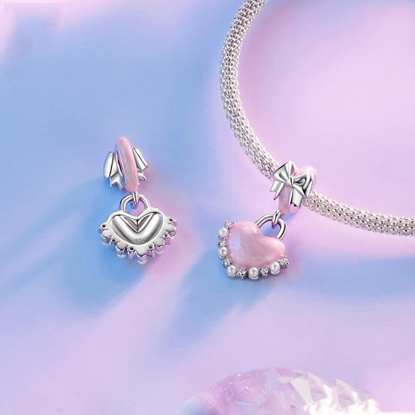 Locked Heart Bow Enamel Sterling Silver CZ Bead Charm Bracelet Necklace