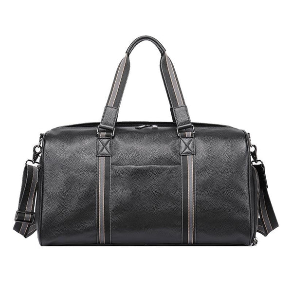 Genuine Leather Duffel Travel Bag Wet Pocket Shoe Compartment Shoulder Strap Black