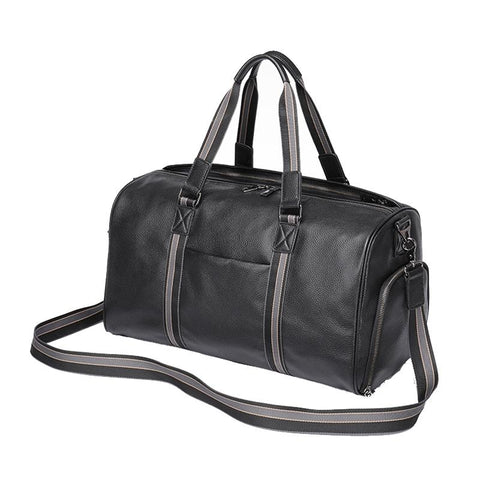 Genuine Leather Duffel Travel Bag Wet Pocket Shoe Compartment Shoulder Strap Black