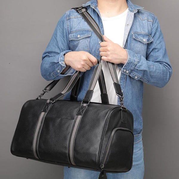 Genuine Leather Duffel Travel Bag Wet Pocket Shoe Compartment Shoulder Strap Black