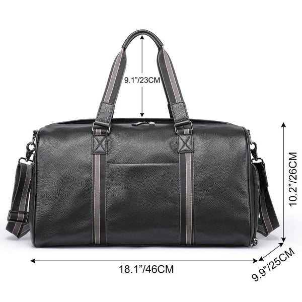 Genuine Leather Duffel Travel Bag Wet Pocket Shoe Compartment Shoulder Strap Black