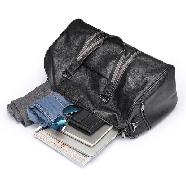 Genuine Leather Duffel Travel Bag Wet Pocket Shoe Compartment Shoulder Strap Black