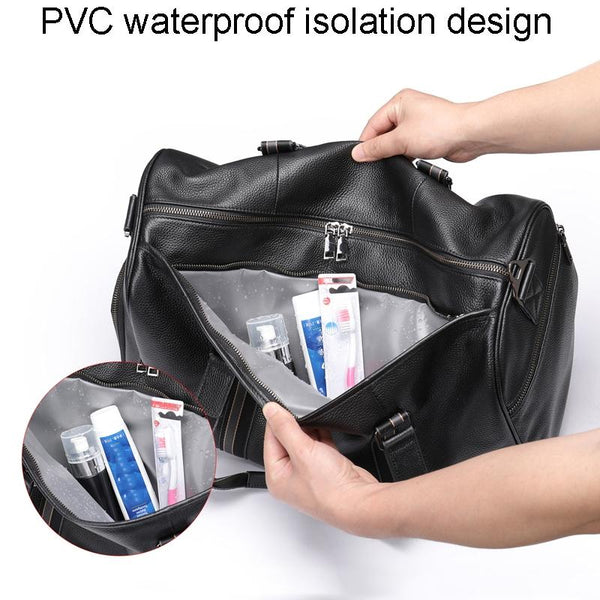Genuine Leather Duffel Travel Bag Wet Pocket Shoe Compartment Shoulder Strap Black