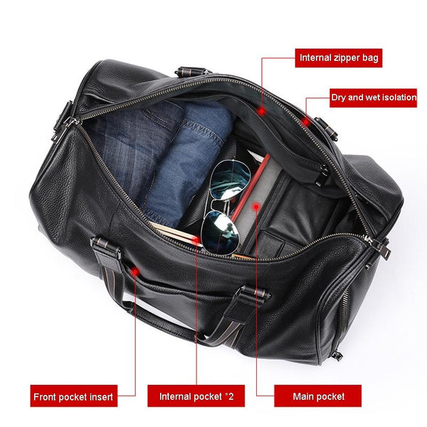 Genuine Leather Duffel Travel Bag Wet Pocket Shoe Compartment Shoulder Strap Black