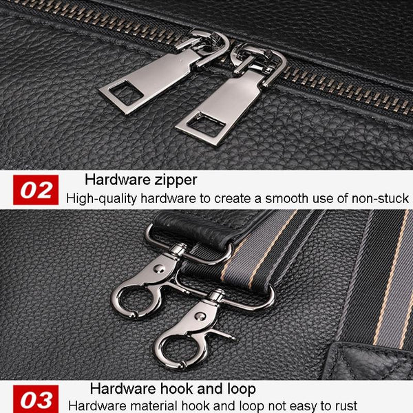 Genuine Leather Duffel Travel Bag Wet Pocket Shoe Compartment Shoulder Strap Black