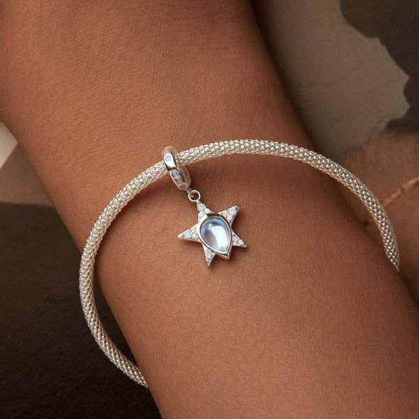 Blue Star Glass Sterling Silver Bead Charm Bracelet Necklace Pendant
