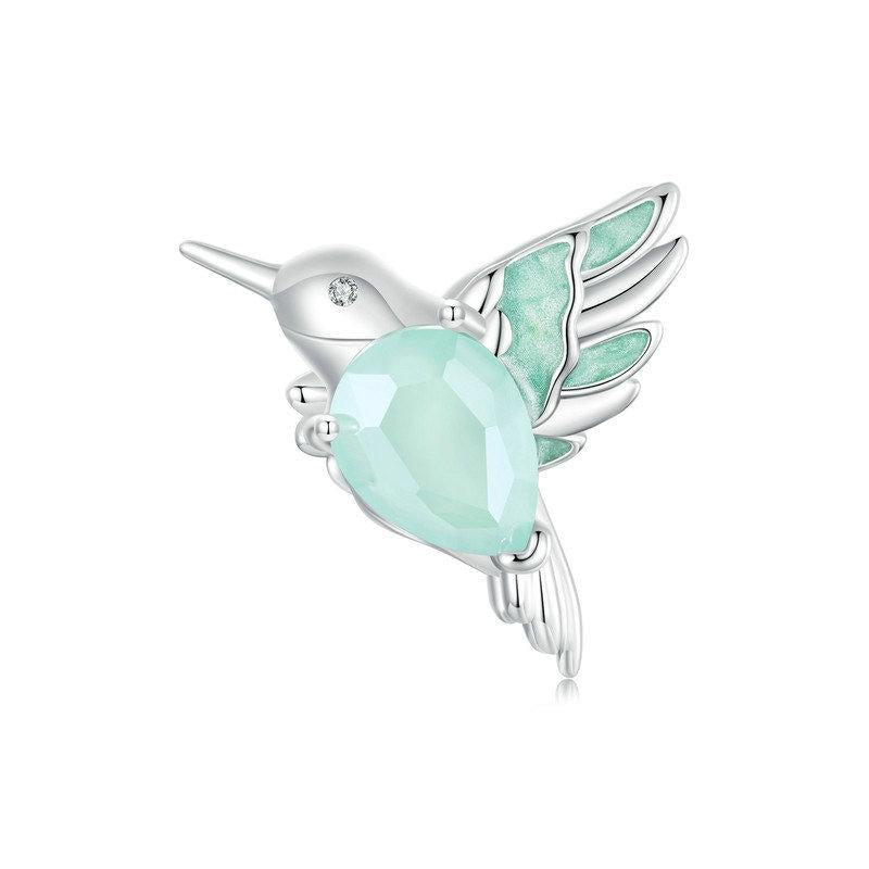 Hummingbird Glass Sterling Silver CZ Bead Charm Bracelet Necklace Pendant