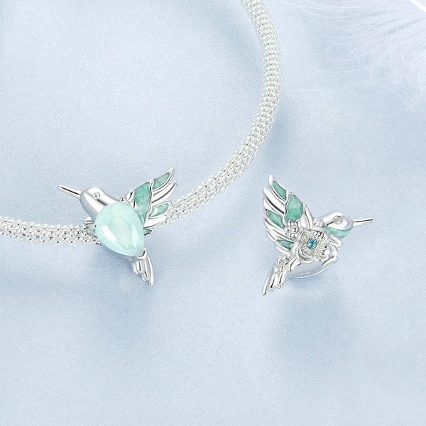 Hummingbird Glass Sterling Silver CZ Bead Charm Bracelet Necklace Pendant