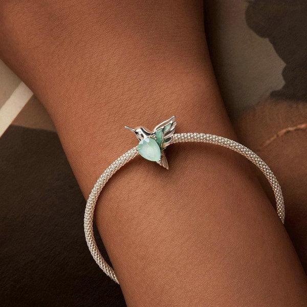 Hummingbird Glass Sterling Silver CZ Bead Charm Bracelet Necklace Pendant