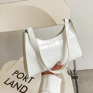 Small Square Stone Pattern PU Leather Underarm Shoulder Bag Handbag White