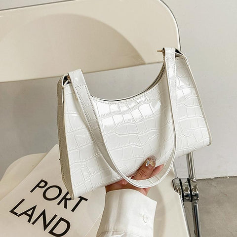 Small Square Stone Pattern PU Leather Underarm Shoulder Bag Handbag White