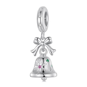 Christmas Bell Bow Sterling Silver Zircon CZ Bead Charm Bracelet Necklace