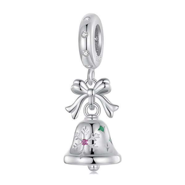 Christmas Bell Bow Sterling Silver Zircon CZ Bead Charm Bracelet Necklace