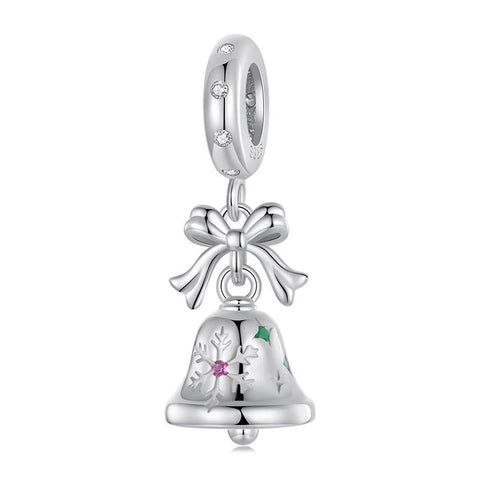 Christmas Bell Bow Sterling Silver Zircon CZ Bead Charm Bracelet Necklace