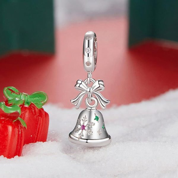 Christmas Bell Bow Sterling Silver Zircon CZ Bead Charm Bracelet Necklace
