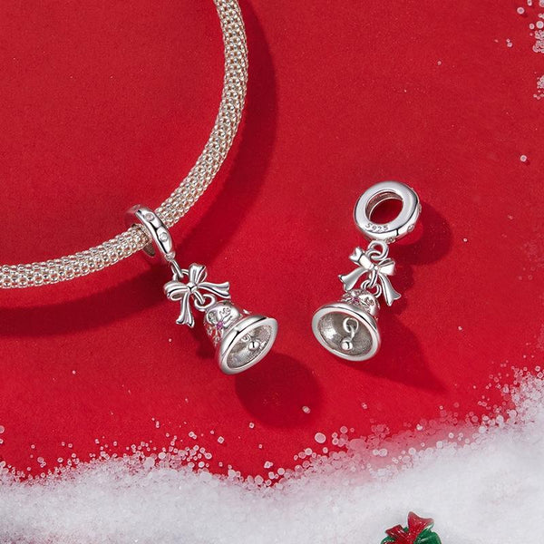 Christmas Bell Bow Sterling Silver Zircon CZ Bead Charm Bracelet Necklace