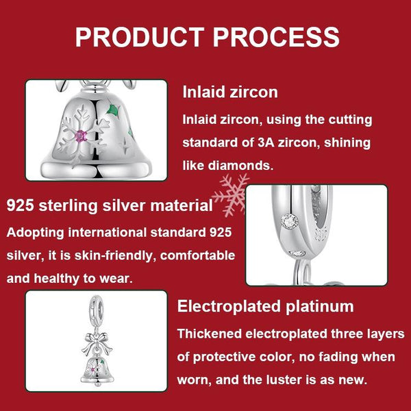 Christmas Bell Bow Sterling Silver Zircon CZ Bead Charm Bracelet Necklace