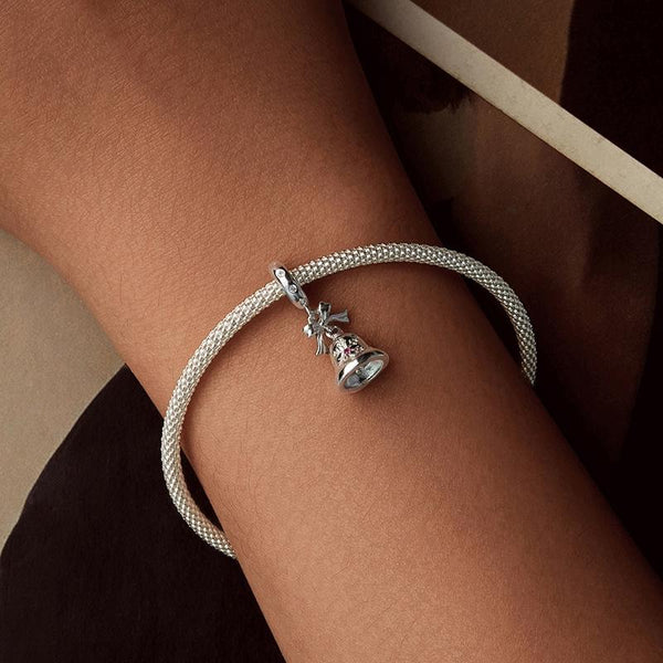 Christmas Bell Bow Sterling Silver Zircon CZ Bead Charm Bracelet Necklace