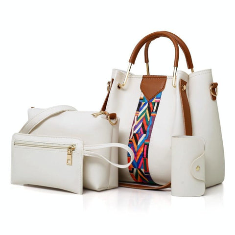 4 Piece PU Leather Tote Shoulder Clutch Bag Handbag Wallet Purse Set Off White