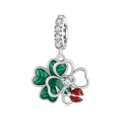 Four Leaf Clover Labybird Sterling Silver Bead Charm Bracelet Necklace